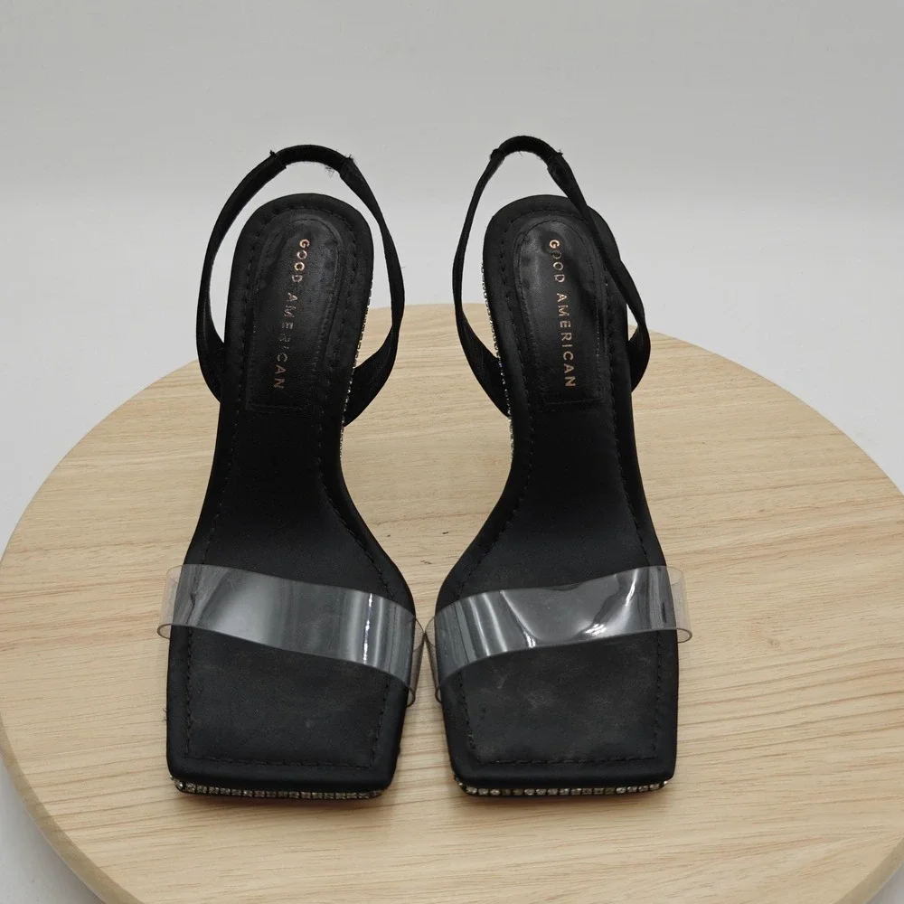 Good American Shoes Womens Size 7 Black Rhinestone Slingback Heels‎ Clear Strap